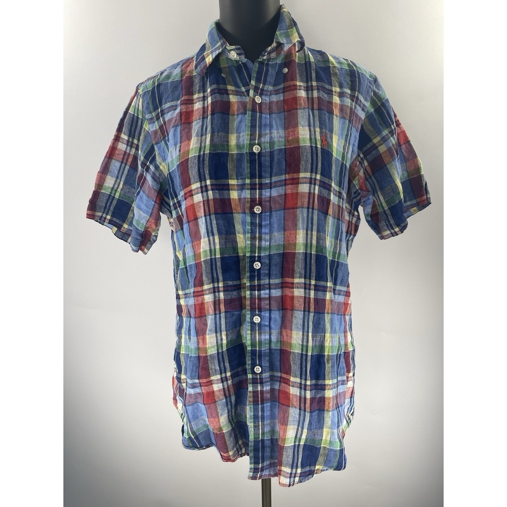 Ralph Lauren Men's Plaid 100% Linen Custom Short Sleeve Button Down Top Large